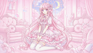 masterpiece, best quality, 1girl, solo, full body, anime style hand-drawn, cute and cool Japanese girl with mature slender body, kneeling pose, pink-white long hair, large eyes with pink-blue starry pupils (hypnotic gaze), wearing Lolita dress, white thigh-high socks, delicate doll shoes, in a pink-themed room, dreamy atmosphere, looking at viewer with fascinated expression