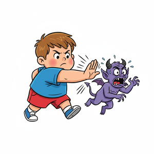 一个卡通形象的胖男生拿巴掌扇一个小恶魔，小噩梦露出惊恐的表情，纯白色背景，男孩表情严肃