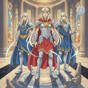 帮我 AI 创作生成几个迪迦奥特曼拟人形象的唯美画风插画图片。要求是银白色的长发。浅青色的琥珀瞳，偏金色，但是是非常淡的那种，淡淡的白金色的瞳孔。然后消瘦俊美的脸庞，身着一身偏古希腊风，但是又与中世纪风格相融合的服饰，要求是原作色彩搭配，人物画风形象要求是属于二次元插画赛璐璐风格，形象要有神性，衣服主便希腊欧洲神话风