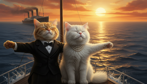 两只猫，一只穿着绅士礼服，一只戴着珍珠项链，站在船头张开双臂，背景是泰坦尼克号巨轮与夕阳，电影《泰坦尼克号》经典场景，浪漫主义风格，精细毛发细节，戏剧性光影，暖金色调，4K高清