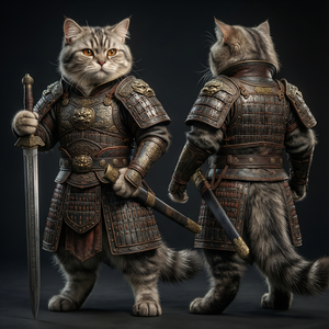 **正面：**
一只英姿飒爽的猫咪，身穿精致的仿古中式盔甲，甲片层叠，带有传统云纹或兽面金属护心镜。双足直立，前爪紧握一柄古朴的中式长剑（汉剑/唐剑款式），剑尖朝下触地。目光锐利，神情威严，背景纯色或极简。

**侧面（侧身像）：**
展示猫咪的侧身轮廓，清晰呈现盔甲的侧面结构、护颈、披膊（肩甲）及身甲线条。猫咪单爪持剑竖立于身侧，剑身与身体平行，突出武器侧面细节与盔甲穿戴的整体感。

**背面：**
展示盔甲背部设计，包括背甲板、腰带束缚及后裙甲细节。猫咪背影挺拔，宝剑佩于腰间或背于身后（可选），尾部自然下垂或盘绕，突出盔甲完整的背部结构与层次感。

**通用细节增强（可选附加）：**
大师级细节，虚幻引擎渲染，8K分辨率，影视级灯光，写实风格，皮革与金属质感细腻，绒毛细节清晰。
