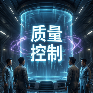 一个写有 质量控制 四个字的科幻大屏幕，4个人同时看向大屏幕