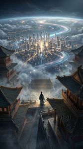 帮我生成图片：虚幻引擎5渲染,极致俯视视角,鸟瞰透视直接向下看,一位身着中国 传统长袍的孤独身影站在古代宫殿屋顶边缘,画面中看不见天空,俯 元来 瞰远处延伸至地平线的浩瀚发光城市,从高空可见弯曲的星球表面, 云层下方是无尽的灯光和建筑海洋,前景是中国古代宫殿建筑,科幻 是A 宇宙城市元素,柔和雾气和雾层,神视角俯瞰透视,超精细,戏剧性向下 角度,体积雾,照片级真实渲染,奇幻概念艺术,8K,极致广角,巨大景深 ,中国仙侠美学,宏大而宁静,孤独而诗意,神秘,高度奇幻,ArtStation品质 。比例 16:9。