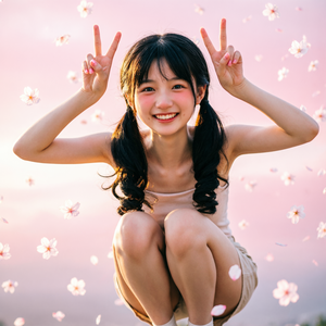 采用3D动漫风格，8K超高清画质，背景为梦幻柔和的粉色渐变天空，点缀细腻的樱花飘落，营造温馨浪漫氛围。人物位于画面中央略偏下位置，采用俯视角度，突出人物的可爱神态。灯光柔和自然，侧光从左侧照射，产生细腻的光影效果，突显肤色和发丝的光泽。人物形态展现修长双手和白皙双腿，身材纤细，身体微微前倾，亚洲蹲姿势，双脚叉开，双手举过头顶比耶动作，表现青春活力。上半身穿着空白背景，双马尾发型自然垂落遮挡上半身，以突出人物脸部和动态表情。整体画面色调温暖明亮，光影层次丰富，细节精致，营造出梦幻而动感的动漫风格。