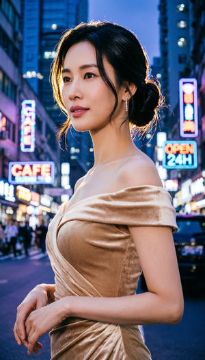 一位优雅的女明星站在繁华都市夜景灯火辉煌的街头，背景虚化的霓虹灯光交织出五彩斑斓的光晕。柔和的侧光从左侧照射，打造自然的面部轮廓和细腻的肤色，伴随着微弱的逆光效果，使发丝轮廓清晰。拍摄角度为略低于眼平线的仰视角度，增强气场与魅力，整体画面充满梦幻且具有立体感。