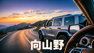 帮我生成一个自驾vlog视频的封面图 电影感·旅途意境（适合风景大片、治愈系自驾） 核心视觉： 大景小人，强调广袤与自由。 画面描述： 采用宽画幅（16:9）。主体是一辆帅气的SUV（或你的实拍车）行驶在蜿蜒的盘山公路或一望无际的西部公路上。背景是壮丽的日落金山或璀璨的星空。车内视角最好能看到方向盘和远方的路。 色调： 暖橙+深蓝的渐变（黄金时刻）或 清冷的赛博朋克夜景色调。 文字排版： 主标题：「向山野」 或 「追风的人」