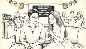 假设你是一个正在热恋的男生，你想给你热恋中的女朋友送一个礼物盒，礼物我已经准备好了，只不过需要写一个贺卡，我打算画一幅卡通画，请你帮我AI生成一下。画面内容主要包括一个男主角和一个女主角，还有一些无需画脸的几个群众，男主角是方脸，戴着眼镜，穿着衬衣，女主角长发穿着婚纱裙，场所在KTV的包厢，主要内容是别人都在热热闹闹的唱歌、跳舞、喝酒，男主角和女主角相互坐着，深情的对视着，两个人都害羞又热恋的那种感觉。请你帮我生成一张黑白线条的图，我想拓印下来。
