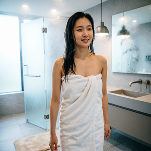 subject: a young woman stepping out of a bathroom,

description: The woman is in her early twenties, with wet, dark hair clinging to her neck and shoulders.  Beads of water glisten on her skin, reflecting the soft light.  She is wrapped in a large, fluffy white towel, securing it around her torso.  Her expression is relaxed and content, with a faint, serene smile.  The bathroom behind her is filled with lingering steam that softens the edges of the scene.  Visible elements include a foggy, frameless glass shower door, a sleek modern sink with minimalist fixtures, and a mirror slightly clouded with condensation.  The floor is tiled in large, light gray stone, with a soft bath mat underfoot.  The air feels humid and warm.  The lighting is soft and diffused, coming from unseen recessed lights and perhaps a single, stylish pendant light, creating a gentle glow that highlights the steam and the dewy quality of her skin.  The overall mood is one of calm, privacy, and quiet rejuvenation after a bath or shower.

style/aesthetic: The image is rendered in a style of contemporary lifestyle photography with a cinematic touch.  Think of the soft, intimate, and clean aesthetic found in high-end fashion or cosmetic advertisements.  The composition is carefully framed, perhaps using a medium shot that captures her from the waist up, emphasizing her expression and the texture of the towel and wet hair.  Shallow depth of field is used to keep the woman sharply in focus while allowing the steamy bathroom background to blur into a soft, atmospheric haze.  The color palette is muted and serene, dominated by whites, soft grays, and warm skin tones, with cool highlights from the tile and fixtures.  The lighting is key, designed to be flattering and to enhance the feeling of warmth and cleanliness.