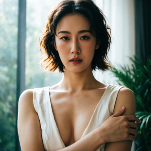 采用超写実的な visual style，8K画質で、画面中展示了一位 beautiful and gentle 真人 girl。Regarding her appearance，她拥有 slender hands 和 fair translucent legs，整体身材 slim，only 双马尾 hairstyle 遮挡部位。上半身 no outfit，only 在头上 wearing a cute and eye-catching hair accessory，下半身 bare，only 脚上 wearing black calf socks。Regarding her action，此刻 she is holding a smartphone with a rabbit ear case in one hand，taking a selfie toward the mirror。The composition adopts a high-angle俯瞰 shot，girl back to the camera，smooth back occupying the center of the frame，taking a selfie toward the mirror and reflecting the image from the mirror，soles naturally stepping on the ground，legs spread while squatting on the ground in an アジア蹲 posture，waist and back curve naturally stretched，floor texture clear with water stains，overall color tone fresh and elegant，full of youthful and sweet atmosphere。