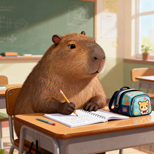 一只卡皮巴拉在写作业，旁边有一个书包