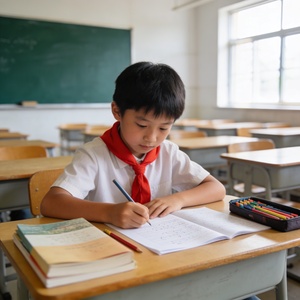 在教室里写作业，带着红领巾