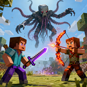 我的世界中，两位玩家正在与坚守者搏斗，一位手拿附魔下界合金剑，另一位拿着附魔火焰附加的弓