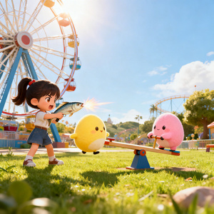 阳光明媚，一个小女孩在蛋仔岛的摩天轮拿着咸鱼想要攻击一个小黄蛋，旁边还有一个小粉蛋在草地上玩跷跷板