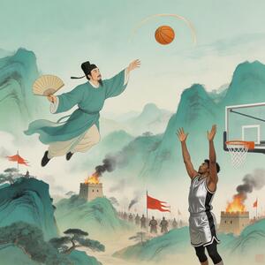 
“苏轼身穿宋代青袍，持折扇凌空投篮，三分球划破古风天空，文班亚马（Victor Wembanyama）在篮下张开双臂阻挡，背景是水墨山水与烽火战场交融，画面用青绿山水风格，人物线条飘逸，光影柔和，突出历史与现代的时空交错感。”