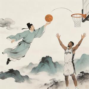 
“苏轼身穿宋代青袍，凌空投篮，三分球划破古风天空，文班亚马（Victor Wembanyama）在篮下张开双臂阻挡，背景是水墨山水，画面用墨水风格，人物线条飘逸，光影柔和，突出历史与现代的时空交错感图片真实一点