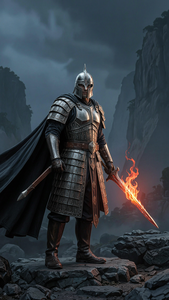 保持人物原型，身披铠甲披风，手持赤焰剑，高清细节