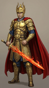 保持人物原型，身披黄金战甲，红色披风，手持赤焰剑，高清细节