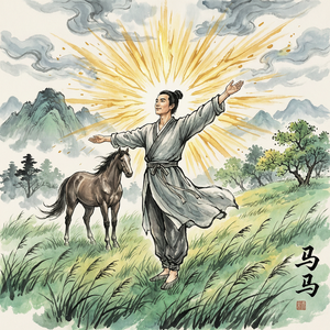 写意风格：将“马”作为一种精神象征，画面可以更梦幻。一位身着简约服饰的人，站在青草地中，身体舒展，背后仿佛有光芒绽放，与背景的自然景色融为一体，充满自信和希望。