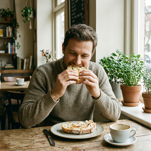 一个男人在吃面包