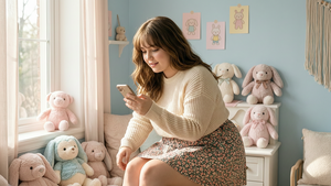 清新温馨的室内环境，柔和的自然光透过窗户洒入，营造出舒适的氛围。背景用淡雅的粉蓝色调，点缀一些可爱的装饰物和软绒玩具，增强童趣感。光线柔和，侧光和背光交错，形成细腻的光影效果，突出人物的立体感和神韵。拍摄角度采用略低于眼平线的俯视角，捕捉少女专注看向屏幕的神情，突出她迷人的眼神和妩媚动作，画面构图增强温馨和梦幻感。她身材丰满，举止柔顺，身着一套短裙。