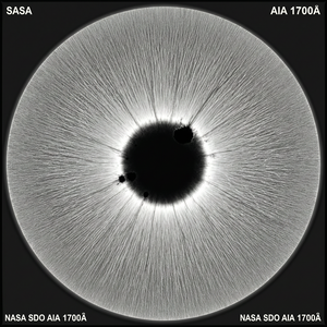 太阳圆盘，中心有一个深黑色圆形黑子，周围有放射状灰色半影纤维，灰度图像，科学风格，NASA SDO AIA 1700Å