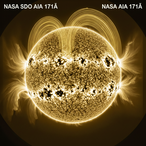 太阳圆盘，黑子上方有金色拱形磁环结构，日冕层，NASA SDO AIA 171Å，金白色调