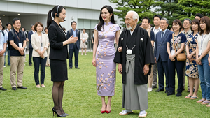 一个全景的侧视镜头，焦点在站立在杨幂和老人的身高差上。摄影写实风格，展馆草坪。一位女性讲解员（女，28岁，身高172公分。中国人面孔。马尾辫，头戴话务员式耳麦，黑色职业裙装，超薄黑丝，黑漆高跟鞋）在左侧，杨幂（女，25岁，身高180公分。九头身模特身材，腿与身材呈现三七分比例。五官精致，皮肤白皙，朱红色唇彩，青春靓丽。蒂芙尼T系列18K玫瑰金镶钻条形耳环，黑长直披肩发。穿淡紫色旗袍（修身设计，凸显丰满的胸部、纤细的腰肢和翘臀。金色绣线，日式传统绣工，有粉色樱花图案），日式传统绣工，妆容精致），黑漆红底细跟高跟鞋）居中，宫本次郎（男，100岁，身高165公分。面容皱纹明显，有老年斑。白发稀疏，白色长络腮胡修剪得益，身材瘦小。黑色羽织外套，黑色羽织上有白色绒球结纽，灰色袴，白色足袋和桐木木屐。传统日式和服风，儒雅绅士）在右侧。杨幂挽着老人的手臂，面对讲解员站立。两人身高差明显，表情开心。两人身旁，围观多人。