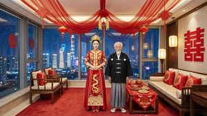 一个全景的平视镜头，焦点在迪丽热巴和老人的身高差上。摄影写实风格，现代北京晚上8点，天空繁星点点。北京CBD商业区高档住宅高层，宽大的客厅，中式婚礼布置，红毯铺地，巨大落地窗上贴着囍字。电视背景墙上悬挂大幅立体囍字或龙凤呈祥挂画；两侧可加装中式壁灯或流苏吊饰，增强氛围。沙发区：配置西式复古家具和红色刺绣靠垫/坐垫；茶几铺红色刺绣桌布，摆放喜糖、红枣、桂圆、花生；沙发背景墙贴大号静电囍字，周围点缀小灯笼或中国结。天花板悬挂红色双喜吊饰和金色流苏。从天花板垂挂巨型囍字帘或红色纱幔，形如“红色瀑布”，气势恢宏。窗外背景是北京CBD商业区，可见标志性建筑，霓虹闪烁。迪丽热巴（女性，30岁，身高1.78米，中国女演员，肤色白皙，五官精致。穿凤冠霞帔（红色为主金色绣线中式传统婚服凤冠为金色点缀珍珠霞帔绣有龙凤图案）），宫本次郎（男，100岁，165公分，日本老人。面容皱纹明显，有老年斑。白发稀疏，白色长胡髭，身材瘦小。黑色羽织外套，黑色羽织外套上有白色绒球结纽，灰色的袴，白色足袋和桐木木屐。传统日式和服风，儒雅绅士），两人并排站立。