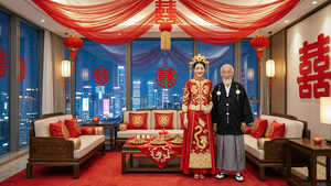 一个全景的平视镜头，焦点在迪丽热巴和老人的身高差上。摄影写实风格，现代北京晚上8点，天空繁星点点。北京CBD商业区高档住宅高层，宽大的客厅，中式婚礼布置，红毯铺地，巨大落地窗上贴着囍字。电视背景墙上悬挂大幅立体囍字或龙凤呈祥挂画；两侧可加装中式壁灯或流苏吊饰，增强氛围。沙发区：配置西式复古家具和红色刺绣靠垫/坐垫；茶几铺红色刺绣桌布，摆放喜糖、红枣、桂圆、花生；沙发背景墙贴大号静电囍字，周围点缀小灯笼或中国结。天花板悬挂红色双喜吊饰和金色流苏。从天花板垂挂巨型囍字帘或红色纱幔，形如“红色瀑布”，气势恢宏。窗外背景是北京CBD商业区，可见标志性建筑，霓虹闪烁。迪丽热巴（女性，30岁，身高1.78米，中国女演员，肤色白皙，五官精致。穿凤冠霞帔（红色为主，金色绣线，中式传统婚服，凤冠为金色，点缀珍珠，霞帔绣有龙凤图案）表情开心），宫本次郎（男，100岁，165公分，日本老人。面容皱纹明显，有老年斑。白发稀疏，白色长胡髭，身材瘦小。黑色羽织外套，黑色羽织外套上有白色绒球结纽，灰色的袴，白色足袋和桐木木屐。传统日式和服风，表情开心），两人并排站立。