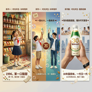 系列一：时光共生・30 年陪伴（情怀向，打透 8090 后核心粉）
主题：30 年，陪你从童年到成年
Slogan：陪你酸酸甜甜，懂你可可爱爱
画面 1｜童年篇・小时候的甜
构图：复古小卖部场景，暖黄怀旧滤镜，穿校服的小孩踮脚举着 AD 钙奶，阳光斜射。
视觉：经典红白绿配色，手写体 “30 周年” 印章，瓶身印 “1996 起点”。
文案：1996，第一口酸甜
画面 2｜成长篇・青春作伴
构图：跨时空同框 —— 左边童年，右边少年 / 青年，同姿势举瓶，中间用气泡 / 时光线连接。
视觉：复古与现代融合，半透明渐变过渡，保留经典瓶型 + 新 30 周年 LOGO。
文案：一路长大，一路有你
画面 3｜现在篇・国民经典
构图：现代简约，干净浅灰背景，成年手 + 孩童手共同托举 AD 钙奶，瓶身发光，背景虚化城市 / 家庭温暖场景。
视觉：高级质感，水珠光影，30 周年纪念版瓶身（印 “30”+“国民 AD 钙”）。
文案：30 年国民味，一代又一代
适配人群：8090 后（巩固情怀）、年轻父母（拉新亲子）
调性：温暖、治愈、国民信赖