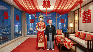 一个全景的平视镜头，焦点在迪丽热巴和老人的身高差上。摄影写实风格，现代北京晚上8点，天空繁星点点。北京CBD商业区高档住宅高层，宽大的客厅，中式婚礼布置，红毯铺地，巨大落地窗上贴着囍字。电视背景墙上悬挂大幅立体囍字或龙凤呈祥挂画；两侧可加装中式壁灯或流苏吊饰，增强氛围。沙发区：配置西式复古家具和红色刺绣靠垫/坐垫；茶几铺红色刺绣桌布，摆放喜糖、红枣、桂圆、花生；沙发背景墙贴大号静电囍字，周围点缀小灯笼或中国结。天花板悬挂红色双喜吊饰和金色流苏。从天花板垂挂巨型囍字帘或红色纱幔，形如“红色瀑布”，气势恢宏。窗外背景是北京CBD商业区，可见标志性建筑，霓虹闪烁。迪丽热巴（女性，30岁，身高1.78米，中国女演员，肤色白皙，五官精致。发型为高位盘发，穿凤冠霞帔（红色为主，金色绣线，中式传统婚服，凤冠为金色，点缀珍珠，霞帔绣有龙凤图案），脚穿红色绣花鞋。表情开心），宫本次郎（男，100岁，165公分，日本老人。面容皱纹明显，有老年斑。白发稀疏，白色长胡髭，身材瘦小。黑色羽织外套，黑色羽织外套上有白色绒球结纽，灰色的袴，白色足袋和桐木木屐。传统日式和服风，表情开心），两人并排站立，凸显身高差。高清图，比例16:9