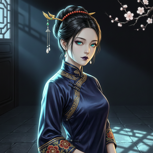 masterpiece, best quality, night, strong rim light, intense shadows, game_cg, Chinese style cheongsam，masterpiece, best quality, night, strong rim light, intense shadows, game_cg, beautiful detailed eyes, aqua eyes, ,
