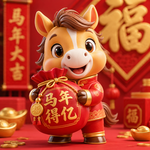马年吉祥物公仔，抱着一个写着“马年得亿”的袋子