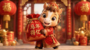 马年吉祥物公仔，抱着一个写着“马年得亿”的袋子，穿明制汉服