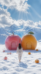 8K超写实高清，电影级光影，丁达尔阳光穿透云层，辽阔纯白雪山冰川背景，湛蓝澄澈高空，平缓积雪平地，两座巨型写实水果造型小屋紧挨在一起，每颗水果本体带有细腻天然果皮纹理，果身镶嵌同弧度拱形小门，小巧金属圆门把手，无多余窗户，地面散落几颗迷你同款小水果，一位长发女生身着浅色系家居睡衣背对镜头缓步走向水果屋，柔和自然光，冷暖对比氛围感，干净治愈童话质感，极致细节，柔和景深，高清壁纸，无水印，无文字，细腻雪地颗粒质感，远山积雪层次分明，低机位平视视角，柔和漫反射光线，梦幻治愈超现实场景竖屏9:16，8K超写实高清，电影级光影，丁达尔阳光穿透云层，辽阔纯白雪山冰川背景，湛蓝澄澈高空，平缓积雪平地，两座巨型写实水果造型小屋紧挨在一起，每颗水果本体带有细腻天然果皮纹理，果身镶嵌同弧度拱形小门，小巧金属圆门把手，无多余窗户，地面散落几颗迷你同款小水果，一位长发女生身着浅色系家居睡衣背对镜头缓步走向水果屋，柔和自然光，冷暖对比氛围感，干净治愈童话质感，极致细节，柔和景深，高清壁纸，无水印，无文字，细腻雪地颗粒质感，远山积雪层次分明，低机位平视视角，柔和漫反射光线，梦幻治愈超现实场景竖屏9:16，8K超写实高清，电影级光影，丁达尔阳光穿透云层，辽阔纯白雪山冰川背景，湛蓝澄澈高空，平缓积雪平地，两座巨型写实水果造型小屋紧挨在一起，每颗水果本体带有细腻天然果皮纹理，果身镶嵌同弧度拱形小门，小巧金属圆门把手，无多余窗户，地面散落几颗迷你同款小水果，一位长发女生身着浅色系家居睡衣背对镜头缓步走向水果屋，柔和自然光，冷暖对比氛围感，干净治愈童话质感，极致细节，柔和景深，高清壁纸，无水印，无文字，细腻雪地颗粒质感，远山积雪层次分明，低机位平视视角，柔和漫反射光线，梦幻治愈超现实场景