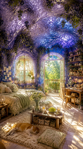 8K超写实画质，电影级暖调晨光柔光，竖屏9:16画幅，平视全景视角，清新治愈温馨氛围，画面无多余人物，保留原图慵懒居家氛围感，材质细节极致清晰
 
二、核心墙体穹顶设定（严格蓝莓果肉结构）
 
全屋所有墙面、顶部穹顶全部由新鲜蓝莓果肉天然内部肌理构成，深浅蓝紫渐变半通透果冻质感，果肉细密纤维脉络清晰可见，分布自然细小蓝莓果籽纹理；内壁各处垂挂成串新鲜蓝莓果簇与翠绿鲜嫩蓝莓藤蔓枝叶，整体空间是被完整掏空的巨型蓝莓形成的天然洞穴结构，自然光穿透果肉壁形成梦幻蓝紫漫射柔光，没有传统水泥/乳胶漆硬质墙面
 
三、1:1复刻原图家具与软装布局
 
1. 左侧睡眠区
保留原图摆放位置：铺浅黄绿碎花床品的软床，床头摆放圆球形布艺抱枕、毛绒玩偶，床尾搭浅绿盖毯；床两侧原木矮边几，摆放复古玻璃小夜灯、堆叠书籍；床前铺米白色长绒毛地毯，地毯中央趴着一只熟睡的橘白猫咪，旁边放同花纹方形蒲团坐垫

2. 采光窗区
保留两扇大窗+向外敞开玻璃门阳台的结构：窗户挂带碎花的半透白纱帘，窗台摆满盆栽小花、可爱小摆件、悬挂风铃；窗边墙面贴满明信片、可爱装饰便签，阳台木质围栏处密集摆放多盆绿植花卉

3. 右侧休闲书桌区
延续原图布局：原木书桌+配套木椅，桌面摆放郁金香花瓶、复古台灯、小风扇、玻璃杯饮品、果盘、香薰蜡烛；书桌上方做多层木质置物书架，摆满书籍与插花盆栽；墙面垂落藤蔓白花装饰

4. 中间茶几区域
床前原木矮茶几，摆放青提果盘、插花、饮品杯、香薰、小零食盘，茶几下方收纳卡通收纳箱，完全复刻原图摆放位置与物品品类
 
四、窗外环境与光影要求
 
窗外是茂密翠绿的夏日树林，明媚清晨阳光穿过树叶与蓝莓果肉墙体洒进室内，形成斑驳柔和丁达尔光影；整体色调以蓝莓蓝紫、奶白、暖米黄、清新草绿搭配，冷暖柔和平衡，通透朦胧氛围感，浅景深突出空间肌理与温馨细节