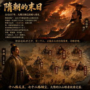 1. 隋朝的末日
公元617年，大隋王朝已经病入膏肓。
隋炀帝杨广，这位才华横溢但野心过剩的皇帝，用他的一生证明了什么叫“不作死就不会死”。修建大运河、三征高句丽、巡游江都，每一项都是烧钱的大工程。老百姓被压榨得活不下去了，各地起义军如雨后春笋般冒出来，李密、窦建德、杜伏威……十八路反王，七十二路烟尘，大隋的江山眼看就要完蛋。
但在这乱世之中，有一个人，正躲在太原（当时叫晋阳）的角落里，冷眼旁观。
他就是李渊。