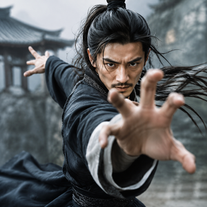 五指一张，将手一抓，如鹰抓兔一般，凌厉爪劲扑面而来，如鹰击长空。一个人在练武的形态