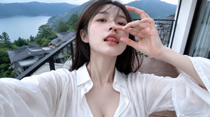 19岁少女。身高174.4cm 体重52kg、36G。脸颊纤瘦。
婴儿肌肤精致细腻无皱纹

写实，清透，毛孔清晰可见，皮肤肌理细腻，着重刻画皮肤与布料质感
细节，照片毫无修饰感；皮肤白皙有光泽，微透3%粉色，带有轻微细纹与自然红
润感，拒绝塑料陶瓷肌肤：原生质感裸唇，无口红、无唇妆、无唇釉痕迹，
素唇质感，唇色自然淡浅，无浓艳色彩，仅唇周2%轻微色素沉淀

佩戴细小无吊坠项链、纤纤玉指、细长手指、指肤白净

神态：眼神拉丝 带情绪微表情、拒绝空洞呆滞 、眼袋颜色健康、无黑眼圈

发型随机 避免卷发，发丝根根分明，轻微毛躁，整体发丝凌乱，

表情：微抬头
 搭配随机搞笑的手部动作

动作随机 艺术风

服装 白色宽松衬衫
背景地点 山腰别墅阳台

人物与环境光影完美匹配融合，自然过渡，没有任何拼接违和感，


拍摄视角：第一人称超近距离单手自拍
拍摄方向：人物正面 