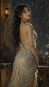 东方美少女，美丽，身材绝佳，淋雨，古典油画风格