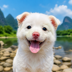 重新生成一张白色的广西土松幼犬的高清壁纸，鼻子是粉嫩的，张开嘴巴吐舌头笑的高清壁纸