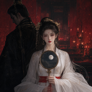A stunning woman in white Hanfu with a red sash, holding a bronze mirror with a moon reflection, central composition. On the left, a large dark silhouette of a tyrant in black robes. Deep crimson palace background with candlelight. Dark, dangerous, ancient Chinese romance. No text, no watermark, no borders. Cinematic, illustration style --ar 3:4