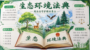 一幅手抄报，内容是一本展开的生态环境法典书，从这本书里面飞出草地、树木、动物，飞鸟 。