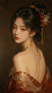 东方美少女，露出完美双肩，靓丽，古典油画风格
