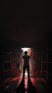 一个人背对镜头站在一个昏暗的金属笼子里，双手抓着栏杆，但门就在他身后完全敞开，门外的光从背后照进来，把他的影子拉得很长，笼子内部很暗，他没有回头，红色微光从门缝渗入，超现实，电影感，强对比，暗示自我囚禁，上方留白放标题