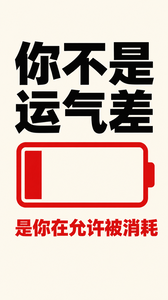 公众号封面设计，米白色背景，画面中央一个红色描边的手机电池图标，电池内部大部分空白，只有最左边一小格是红色，电池线条粗壮有力，电池上方用超大号黑色粗体中文写着“你不是运气差”，下方用红色粗体写着“是你在允许被消耗”，扁平插画风格，大面积留白，对比鲜明，干净利落，适合公众号封面