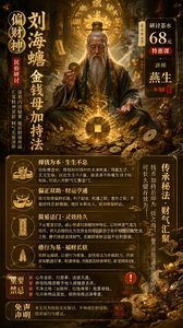 刘海蟾端坐于缭绕香火之中，仙风道骨，手持铜钱，面前供案上一枚古铜母钱浮现金光，四周无数钱币如子嗣环绕、生生不息；背景是暗金色道观殿堂，符箓与元宝隐现，财气如云气翻涌汇聚，暖黄与铜绿色调交织，神秘而庄重，道家招财法坛氛围，超现实细节，电影光影。8k超清画质9:16朋友圈长图
并将以下文字完美融入画面中，文字不要太呆板臃肿，请用简体字！注意排版美观！文字用方块混合结构排版，使其更美观协调，重要信息加大加粗，包括但不限于禁忌，念多少遍，传承等，并且不要漏正文。
偏财神刘海蟾金钱母加持法（民俗研讨）
研讨茶水  68（特惠课）
讲师： 燕生（放砝銓）
刘海蟾为道教赫赫有名的偏财神，这套金钱母法，便是其门下内传秘要，专为催旺财禄所设。经过法门加持之后的钱币，即为钱之母，汇聚财神灵韵，财气充盈浑厚，能量远超普通钱币，可长久留存效力。
 
民俗理念中，母钱如同钱财的本源根基，母能生子、子又生孙，以此生生不息，能源源不断催生钱子钱孙，引动八方财气汇聚家门。既可助推偏财机缘，利于副业、机遇之财、意外之财；亦能护持正财稳固，稳住本职收入，双向增益财运。
 
不必繁复仪轨，诚心恭请刘海蟾财神降坛，以财神道炁灌注钱币，将凡俗铜钱化为灵效金钱母。安放于家中财位、收银之处，便可持续流转财气，化解求财淤堵，打破财来财去留不住的困境。
 
但财运福德，以德行为根基。金钱母法为外缘助力，仍需自身勤恳行事，积善修福，方能感召财禄常驻，家宅财库丰盈。

免责声明：
本文仅为民俗文化探讨，不构成任何信仰、投资或行为建议。