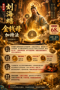 刘海蟾端坐于缭绕香火之中，仙风道骨，手持铜钱，面前供案上一枚古铜母钱浮现金光，四周无数钱币如子嗣环绕、生生不息；背景是暗金色道观殿堂，符箓与元宝隐现，财气如云气翻涌汇聚，暖黄与铜绿色调交织，神秘而庄重，道家招财法坛氛围，超现实细节，电影光影。8k超清画质9:16朋友圈长图
并将以下文字完美融入画面中，文字不要太呆板臃肿，请用简体字！注意排版美观！文字用方块混合结构排版，使其更美观协调，重要信息加大加粗，包括但不限于禁忌，念多少遍，传承等，并且不要漏正文。
偏财神刘海蟾金钱母加持法（民俗研讨）
研讨茶水  68（特惠课）
讲师： 燕生（放砝銓）
刘海蟾为道教赫赫有名的偏财神，这套金钱母法，便是其门下内传秘要，专为催旺财禄所设。经过法门加持之后的钱币，即为钱之母，汇聚财神灵韵，财气充盈浑厚，能量远超普通钱币，可长久留存效力。
 
民俗理念中，母钱如同钱财的本源根基，母能生子、子又生孙，以此生生不息，能源源不断催生钱子钱孙，引动八方财气汇聚家门。既可助推偏财机缘，利于副业、机遇之财、意外之财；亦能护持正财稳固，稳住本职收入，双向增益财运。
 
不必繁复仪轨，诚心恭请刘海蟾财神降坛，以财神道炁灌注钱币，将凡俗铜钱化为灵效金钱母。安放于家中财位、收银之处，便可持续流转财气，化解求财淤堵，打破财来财去留不住的困境。
 
但财运福德，以德行为根基。金钱母法为外缘助力，仍需自身勤恳行事，积善修福，方能感召财禄常驻，家宅财库丰盈。

免责声明：
本文仅为民俗文化探讨，不构成任何信仰、投资或行为建议。