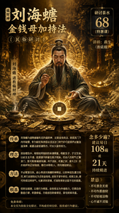刘海蟾端坐于缭绕香火之中，仙风道骨，手持铜钱，面前供案上一枚古铜母钱浮现金光，四周无数钱币如子嗣环绕、生生不息；背景是暗金色道观殿堂，符箓与元宝隐现，财气如云气翻涌汇聚，暖黄与铜绿色调交织，神秘而庄重，道家招财法坛氛围，超现实细节，电影光影。8k超清画质
并将以下文字完美融入画面中，文字不要太呆板臃肿，请用简体字！注意排版美观！文字用方块混合结构排版，使其更美观协调，重要信息加大加粗，包括但不限于禁忌，念多少遍，传承等，并且不要漏正文。
偏财神刘海蟾金钱母加持法（民俗研讨）
研讨茶水  68（特惠课）
讲师： 燕生（放砝銓）
刘海蟾为道教赫赫有名的偏财神，这套金钱母法，便是其门下内传秘要，专为催旺财禄所设。经过法门加持之后的钱币，即为钱之母，汇聚财神灵韵，财气充盈浑厚，能量远超普通钱币，可长久留存效力。
 
民俗理念中，母钱如同钱财的本源根基，母能生子、子又生孙，以此生生不息，能源源不断催生钱子钱孙，引动八方财气汇聚家门。既可助推偏财机缘，利于副业、机遇之财、意外之财；亦能护持正财稳固，稳住本职收入，双向增益财运。
 
不必繁复仪轨，诚心恭请刘海蟾财神降坛，以财神道炁灌注钱币，将凡俗铜钱化为灵效金钱母。安放于家中财位、收银之处，便可持续流转财气，化解求财淤堵，打破财来财去留不住的困境。
 
但财运福德，以德行为根基。金钱母法为外缘助力，仍需自身勤恳行事，积善修福，方能感召财禄常驻，家宅财库丰盈。

免责声明：
本文仅为民俗文化探讨，不构成任何信仰、投资或行为建议。