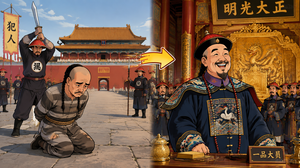 帮我生成一张卡通图片，内容是以故宫为背景图，画面描述了一个 50 岁的中年人有着清朝辫子由穿着囚服的犯人愁眉苦脸跪着等着被砍头到金銮殿穿着雍正帝一品大员朝服在早朝并且洋溢着幸福笑容的画面
